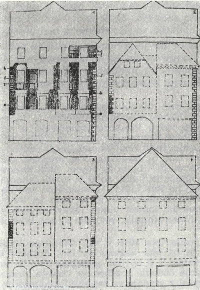 Ljubljana, Jurčičev trg 2 - načrt sondnih najdb (1), razvoj pročelja od začetka 17. do sredine 18. stol. (2-4) prekinjena črta - predvideno, pritličje v prerezu