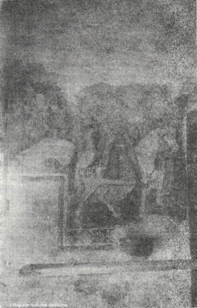Lovrenc nad Bašljem - p. c. sv. Lovrenca, dr. I. Komelj pri odkrivanju poslikav na J fasadi cerkvene ladje (1973), b - Lovrenc nad Bašljem - restavrirana freska Pohoda treh kraljev na zahodni steni cerkvene ladje (1973)